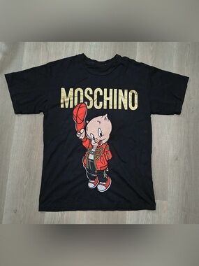 Moschino Black Tee with Gold Logo and Red Cartoon Piglet